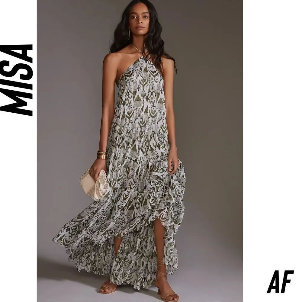 ANTHROPOLOGIE BY MISA PRINTED HALTER MIDI DRESS NWT IN MOSS XS
